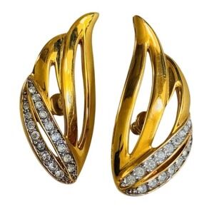 elegant Earrings VTG Signed Monet Crystal Rhinestone Pierced Gold jeweled 90s